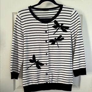 Talbots Knit Cardigan Sz M Striped Dark Blue and White with Dragonfly Design EUC